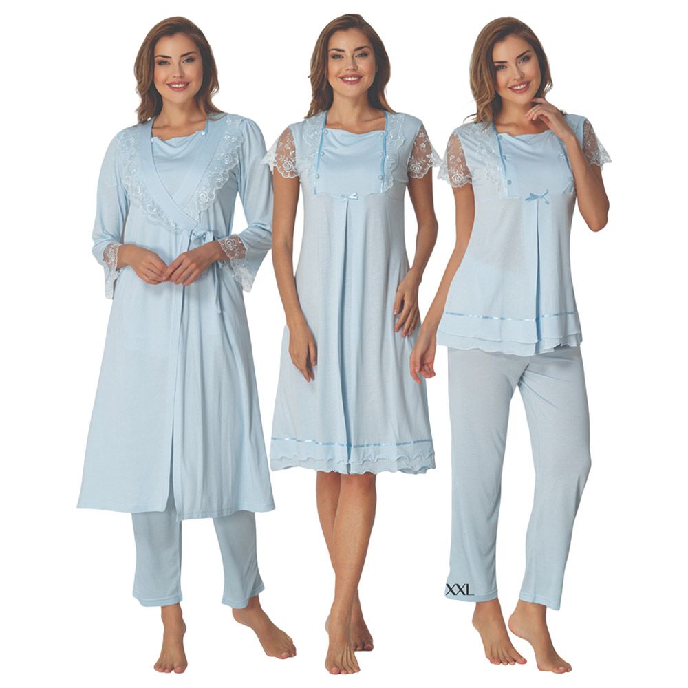 Mini Plum - 4pc-Set - Lace Sleeves Maternity Nightie & Robe - Blue