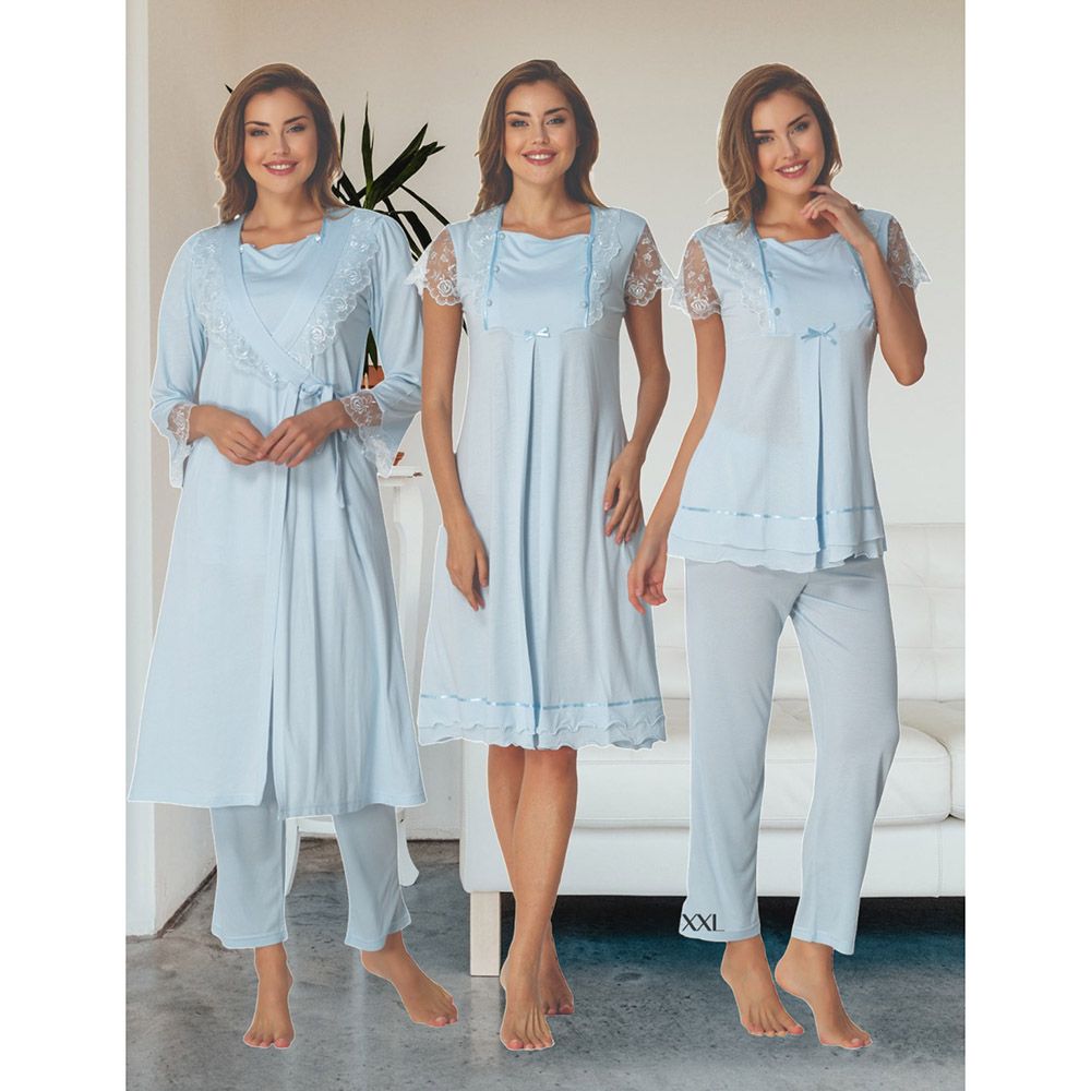 Mini Plum - 4pc-Set - Lace Sleeves Maternity Nightie & Robe - Blue