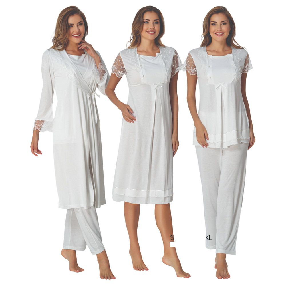 Mini Plum - 4pc-Set - Lace Sleeves Maternity Nightie & Robe - White