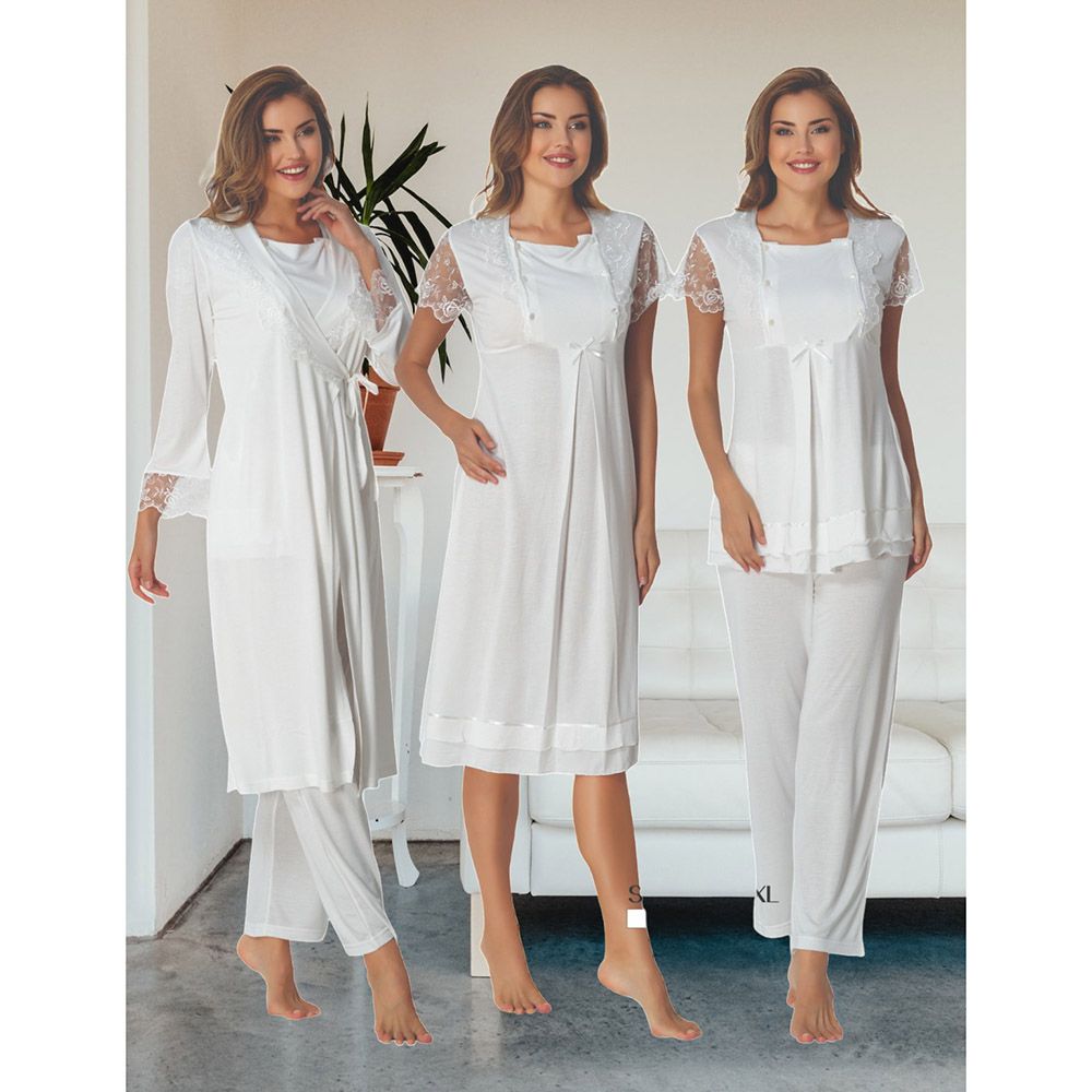 Mini Plum - 4pc-Set - Lace Sleeves Maternity Nightie & Robe - White