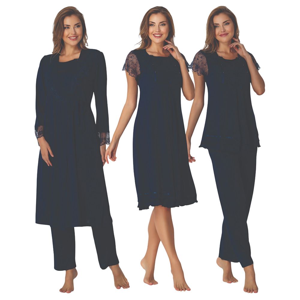 Mini Plum - 4pc-Set - Maternity Nightie & Robe - Navy