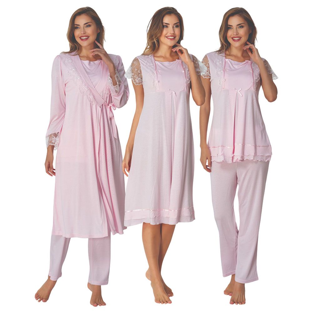 Mini Plum - 4pc-Set - Lace Sleeves Maternity Nightie & Robe - Pink