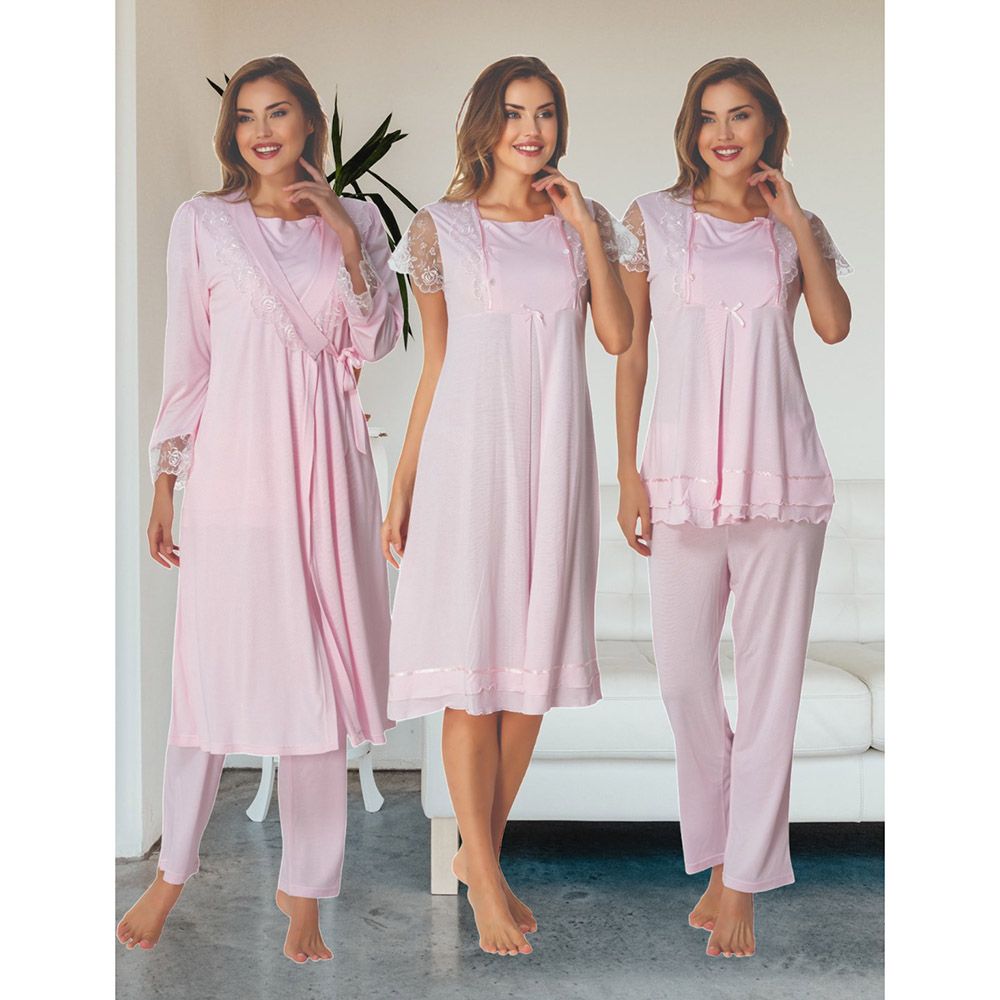 Mini Plum - 4pc-Set - Lace Sleeves Maternity Nightie & Robe - Pink