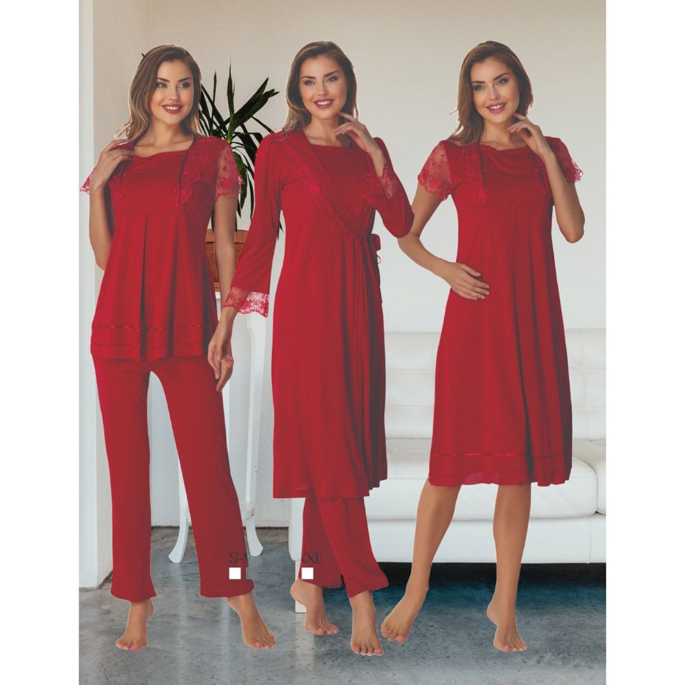 Mini Plum - 4pc-Set - Maternity Nightie & Robe - Red