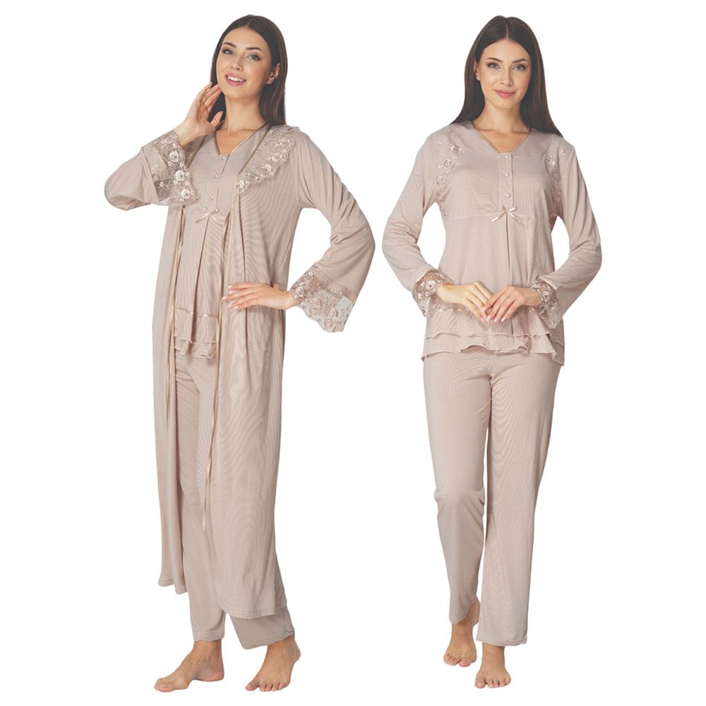 Mini Plum - 3pc-Set - Maternity Pjyamas W/ Lace Details - Beige