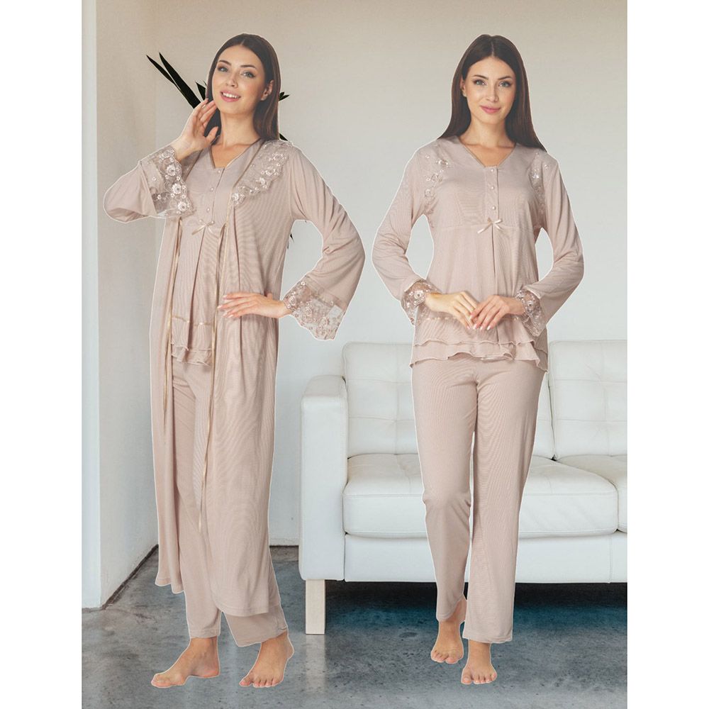 Mini Plum - 3pc-Set - Maternity Pjyamas W/ Lace Details - Beige