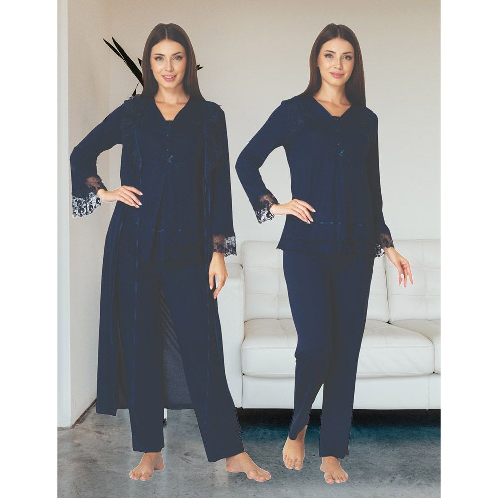 Mini Plum - 3pc-Set - Lace Sleeves Maternity Pjyamas - Navy