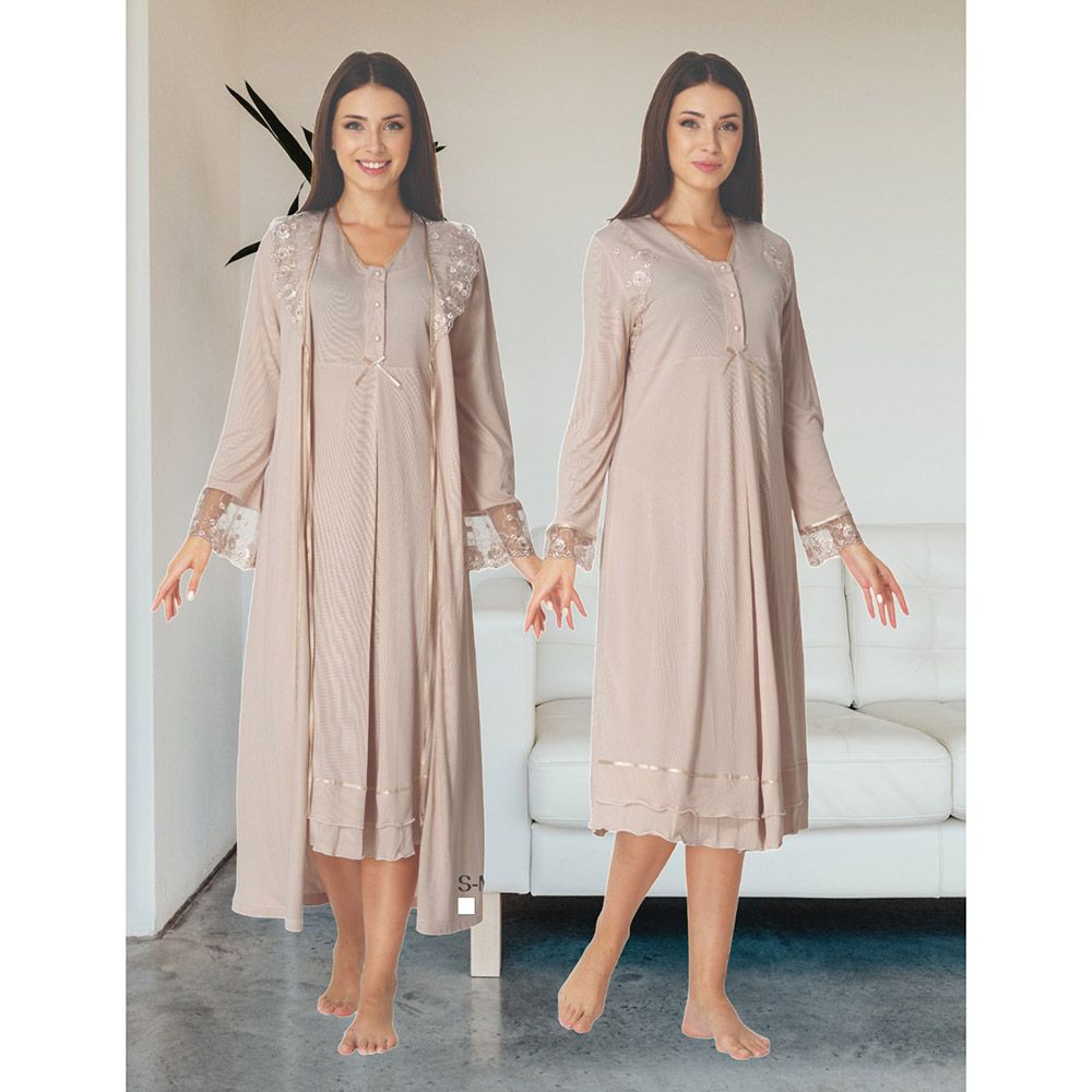 Mini Plum - 2pc-Set - Maternity Nightwear W/ Lace Details - Beige