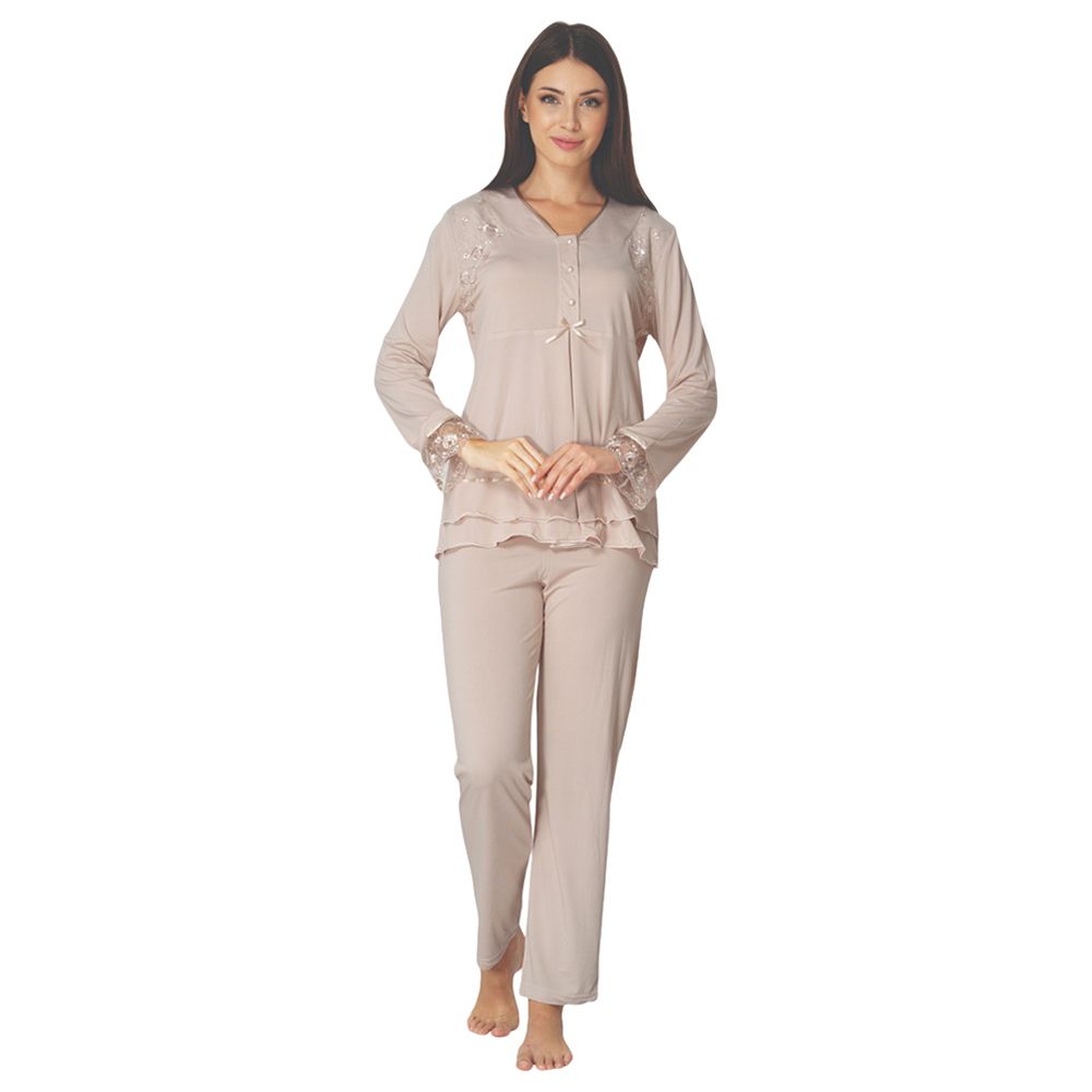 Mini Plum - Maternity Pjyamas W/ Lace Details - Beige