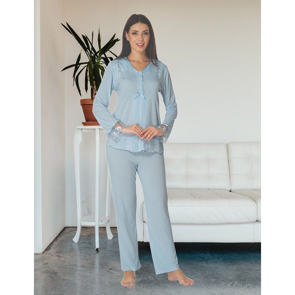 Mini Plum - Cotton Maternity Pjyamas W/ Lace Details - Blue