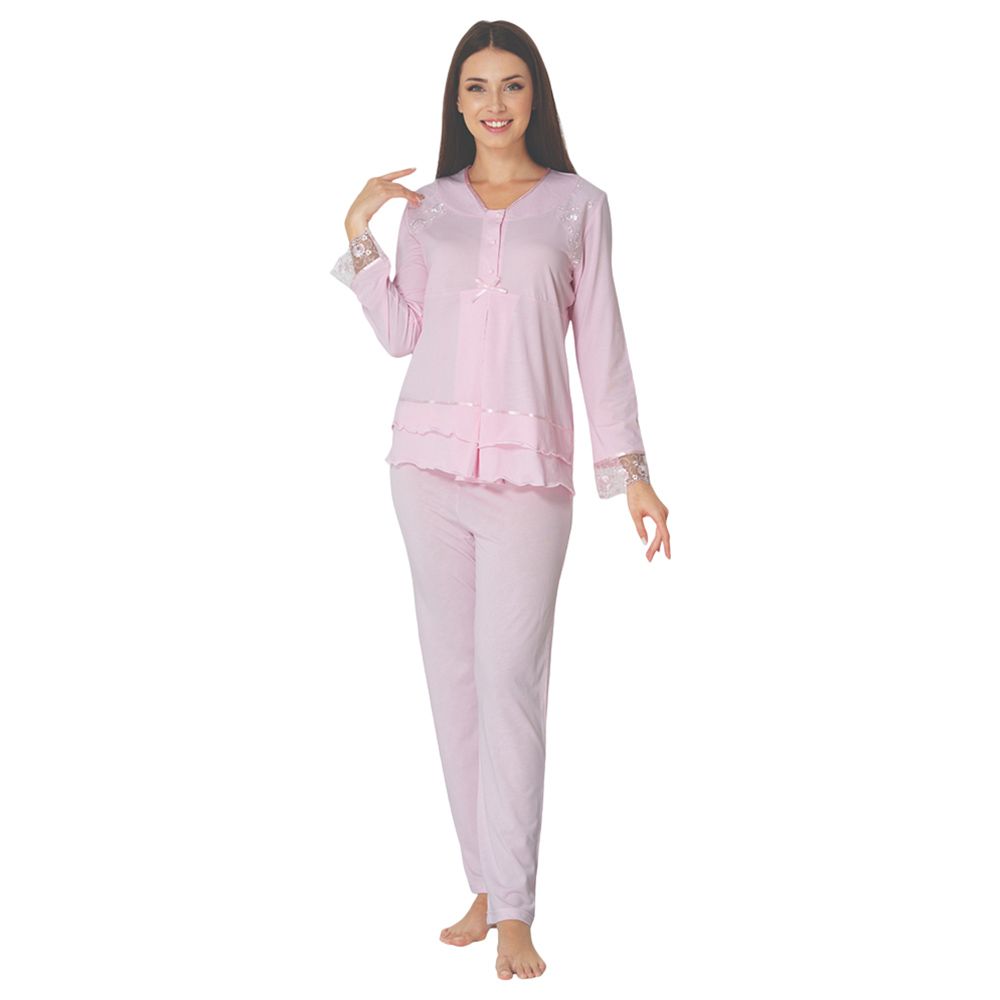 Mini Plum - Cotton Maternity Pjyamas W/ Lace Details - Pink