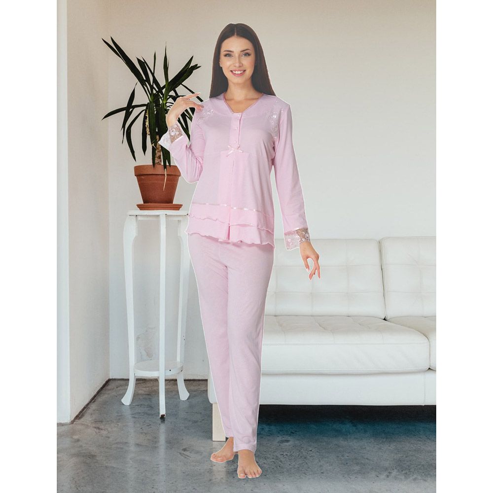 Mini Plum - Cotton Maternity Pjyamas W/ Lace Details - Pink