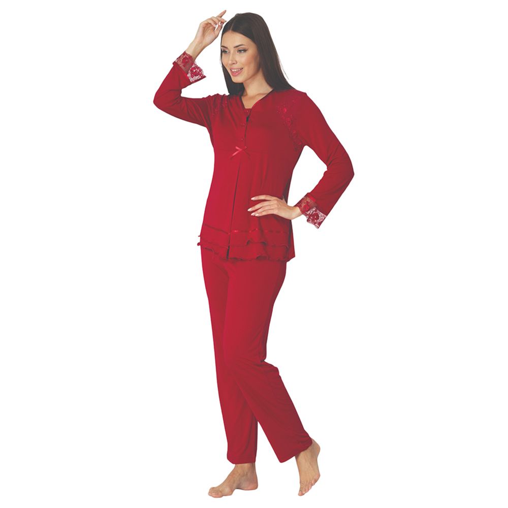 Mini Plum - Maternity Pjyamas W/ Lace Details - Red