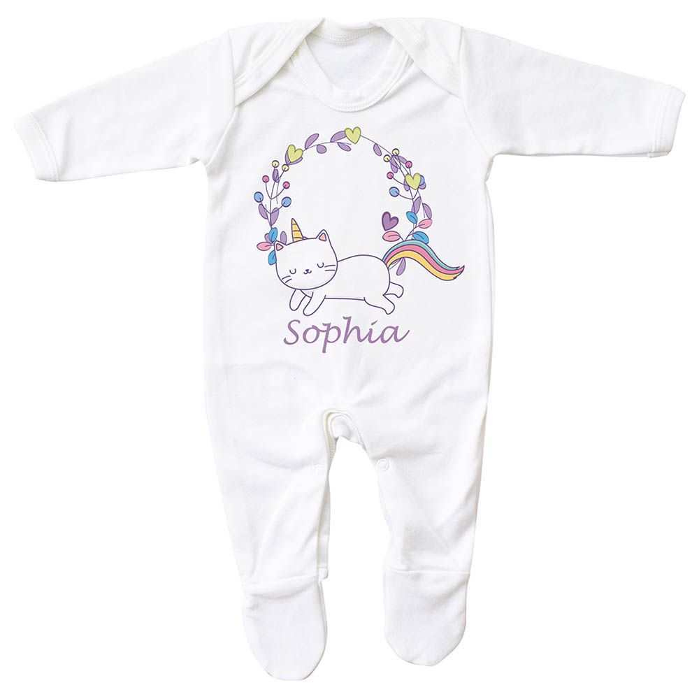 Mini Plum - Personalised Unicorn Baby Grow - White