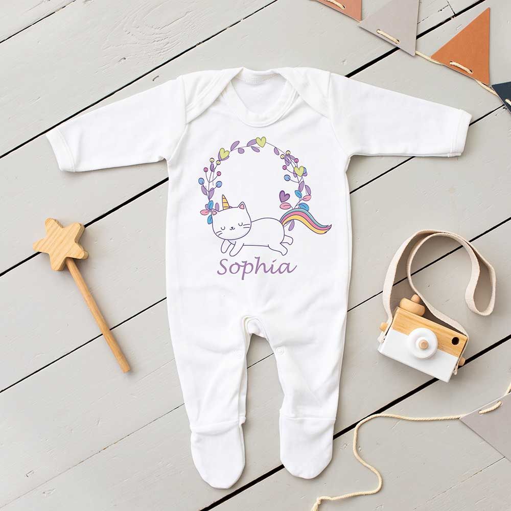 Mini Plum - Personalised Unicorn Baby Grow - White