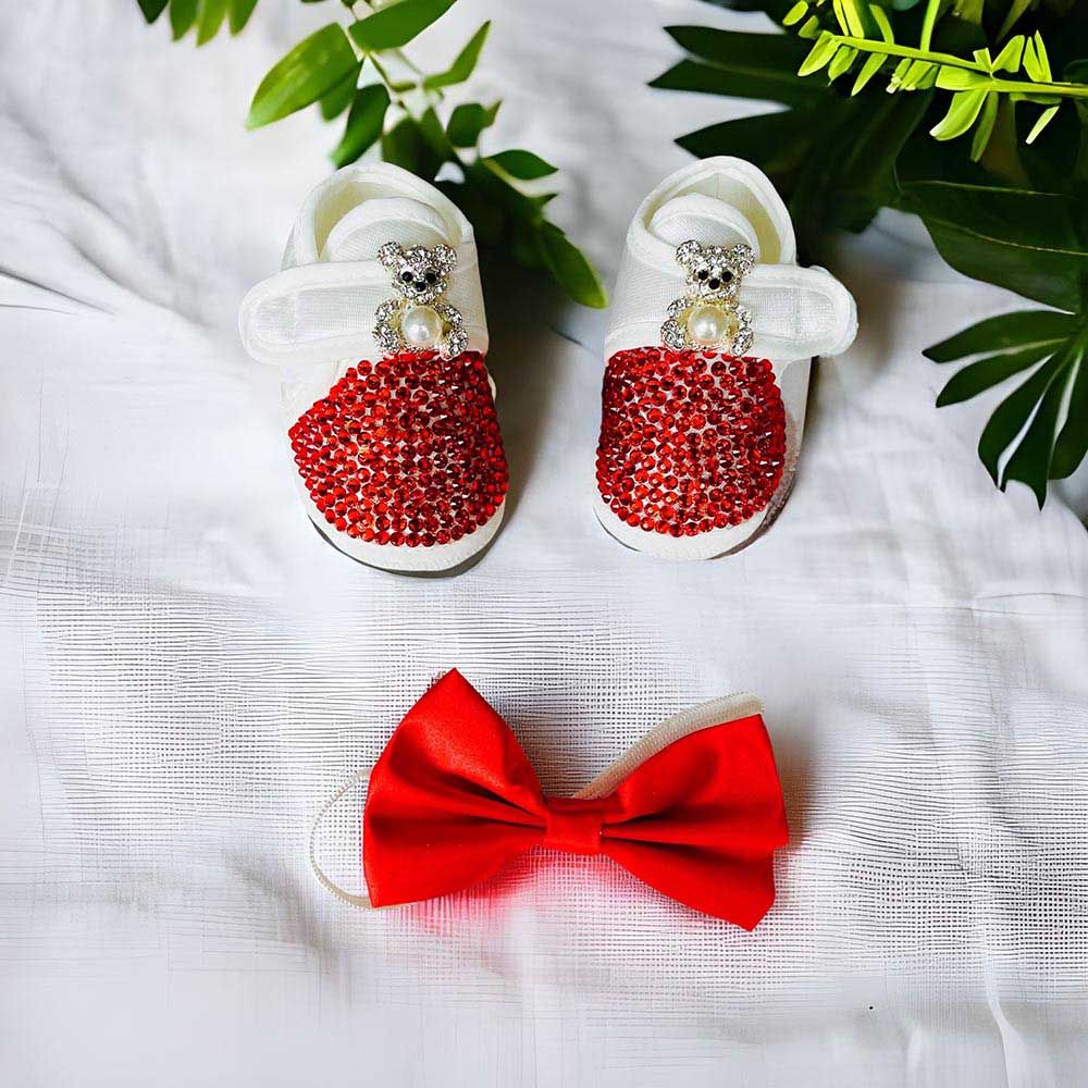 Mini Plum - Personalised Teddy Baby Shoes & Bow Tie - Red