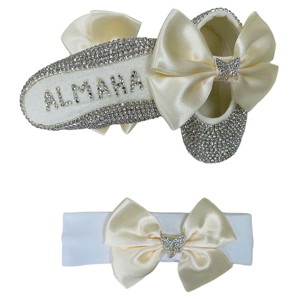 Mini Plum - Personalised Crystal Baby Shoes & Headband - White/Gold