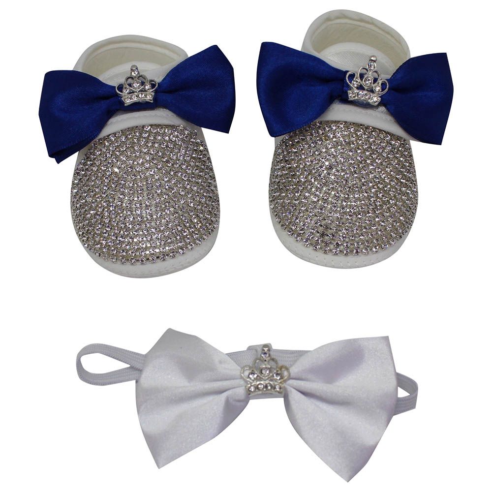 Mini Plum - Personalised Crown Baby Shoes & Bow Tie - Blue