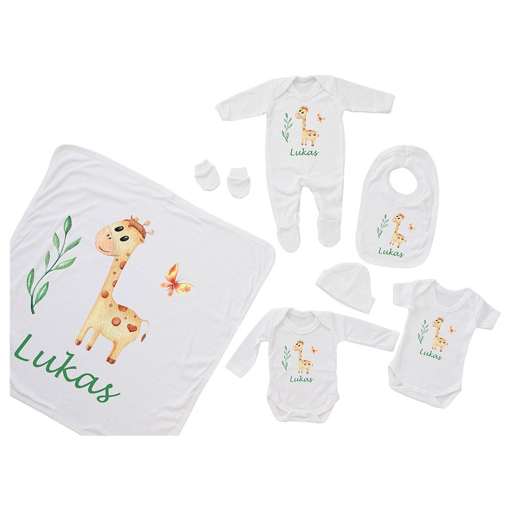 Mini Plum - 7pc-Set - Personalised Giraffe Outfit - White