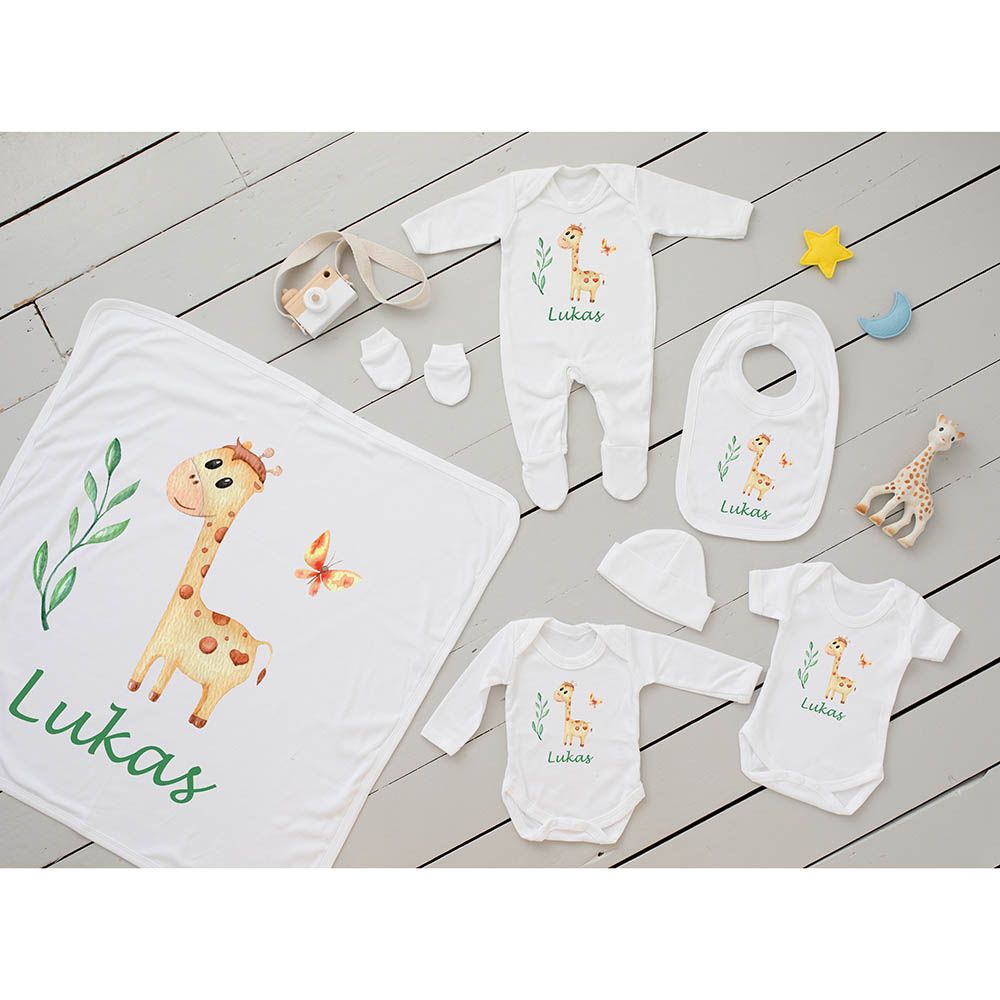 Mini Plum - 7pc-Set - Personalised Giraffe Outfit - White