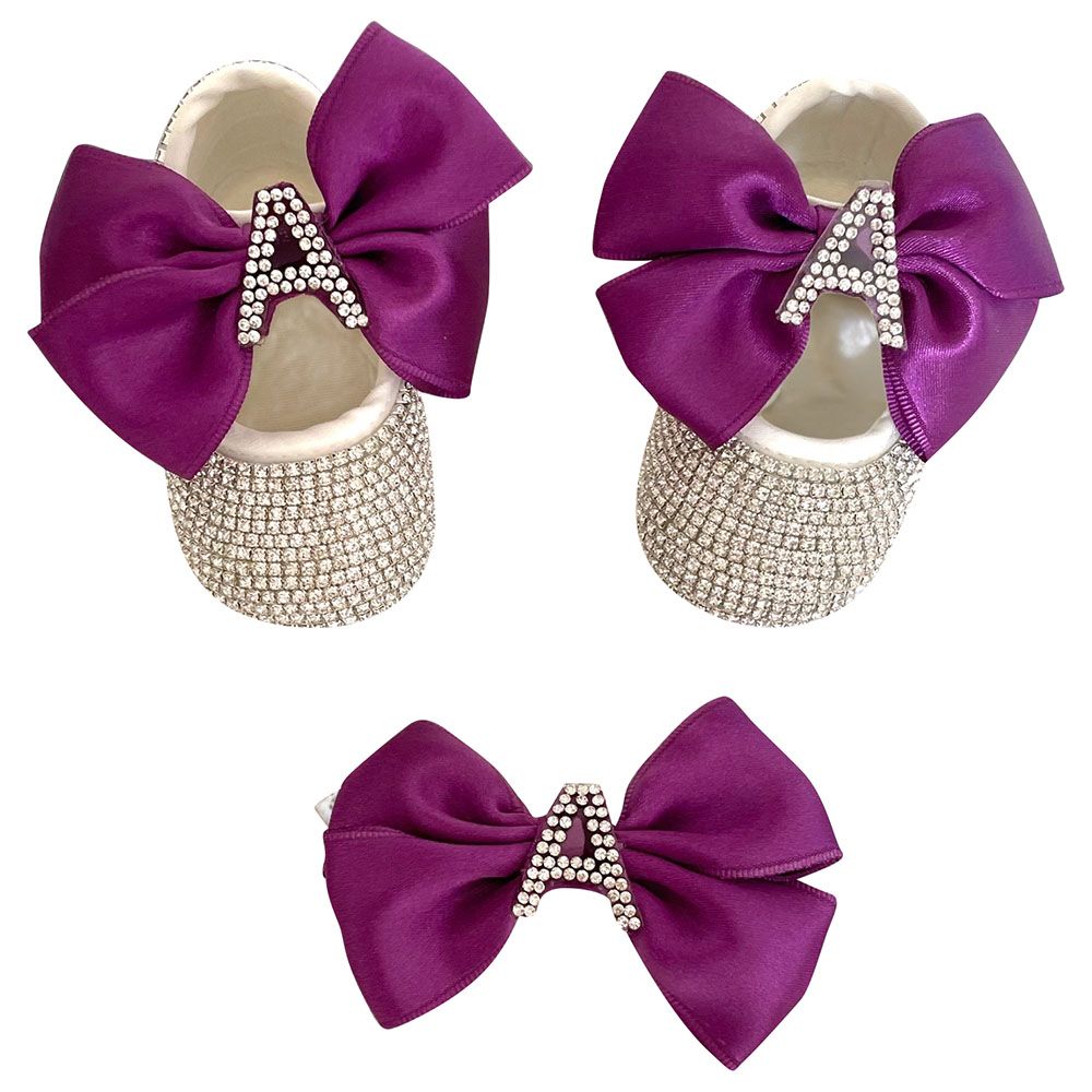 Mini Plum - Personalised Crystal A Baby Shoes & Headband - Purple