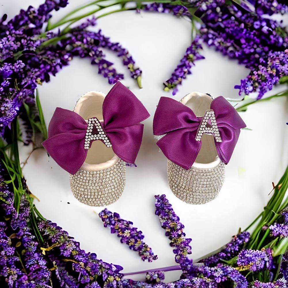 Mini Plum - Personalised Crystal A Baby Shoes & Headband - Purple