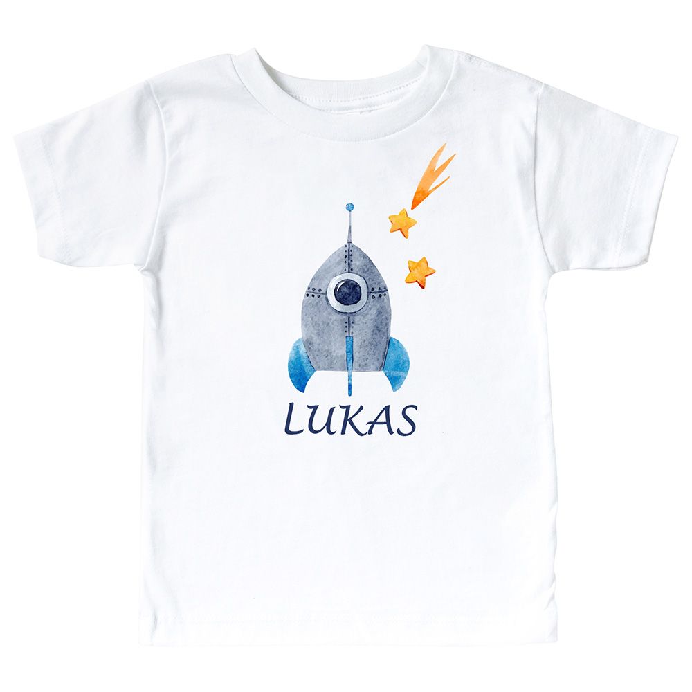 Mini Plum - Personalized Kids Rocket T-Shirt - White