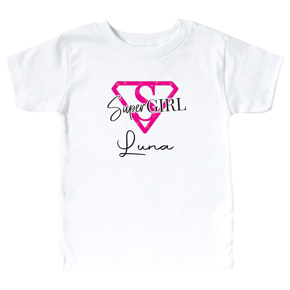 Mini Plum - Super Girl Personalized Kid's T-Shirt - White