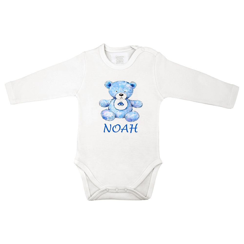 Mini Plum - Personalised Blue Teddy With Name Bodysuit - Blue