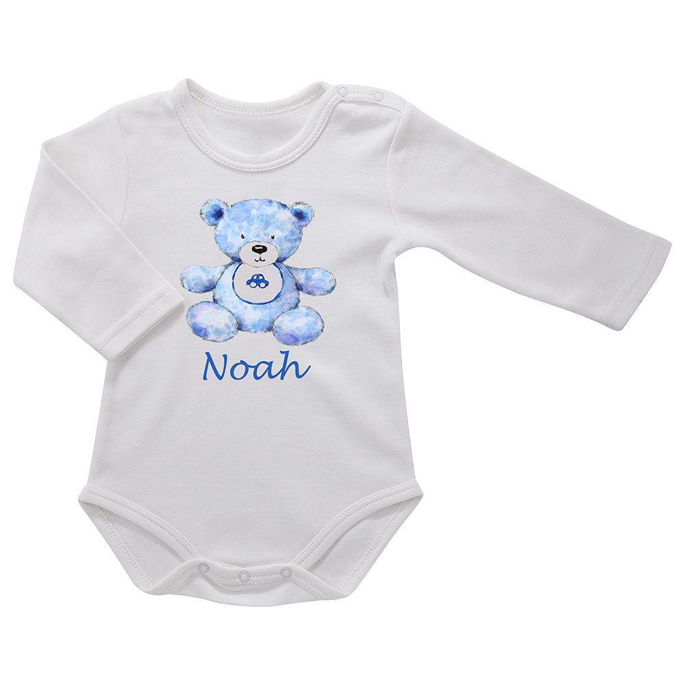 Mini Plum - Personalised Blue Teddy With Name Bodysuit - Blue