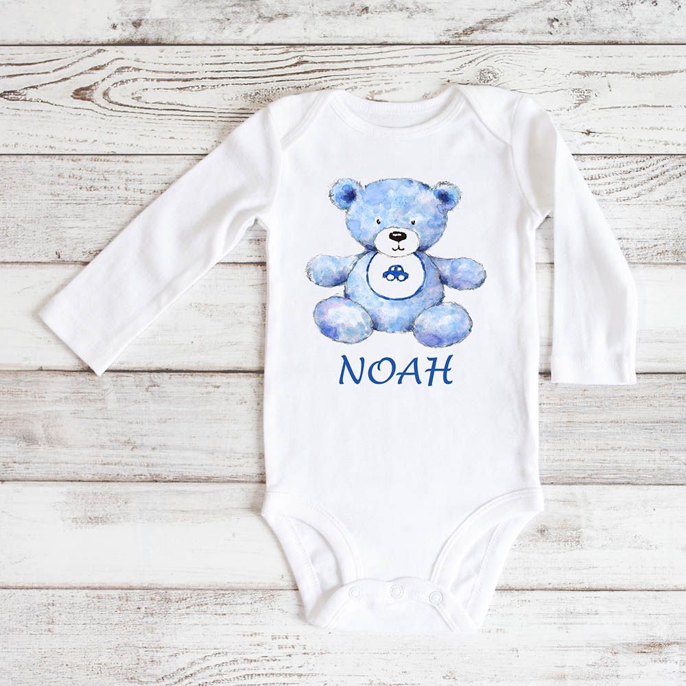 Mini Plum - Personalised Blue Teddy With Name Bodysuit - Blue