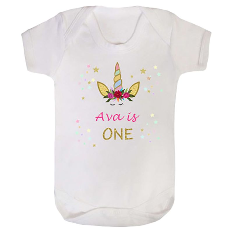 Mini Plum - Personalised 1st Year Unicorn Printed Bodysuit