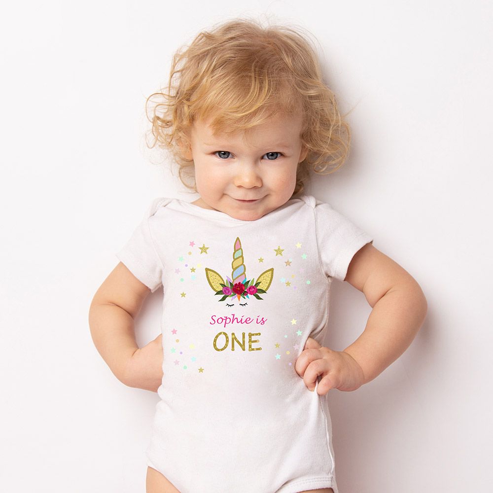 Mini Plum - Personalised 1st Year Unicorn Printed Bodysuit