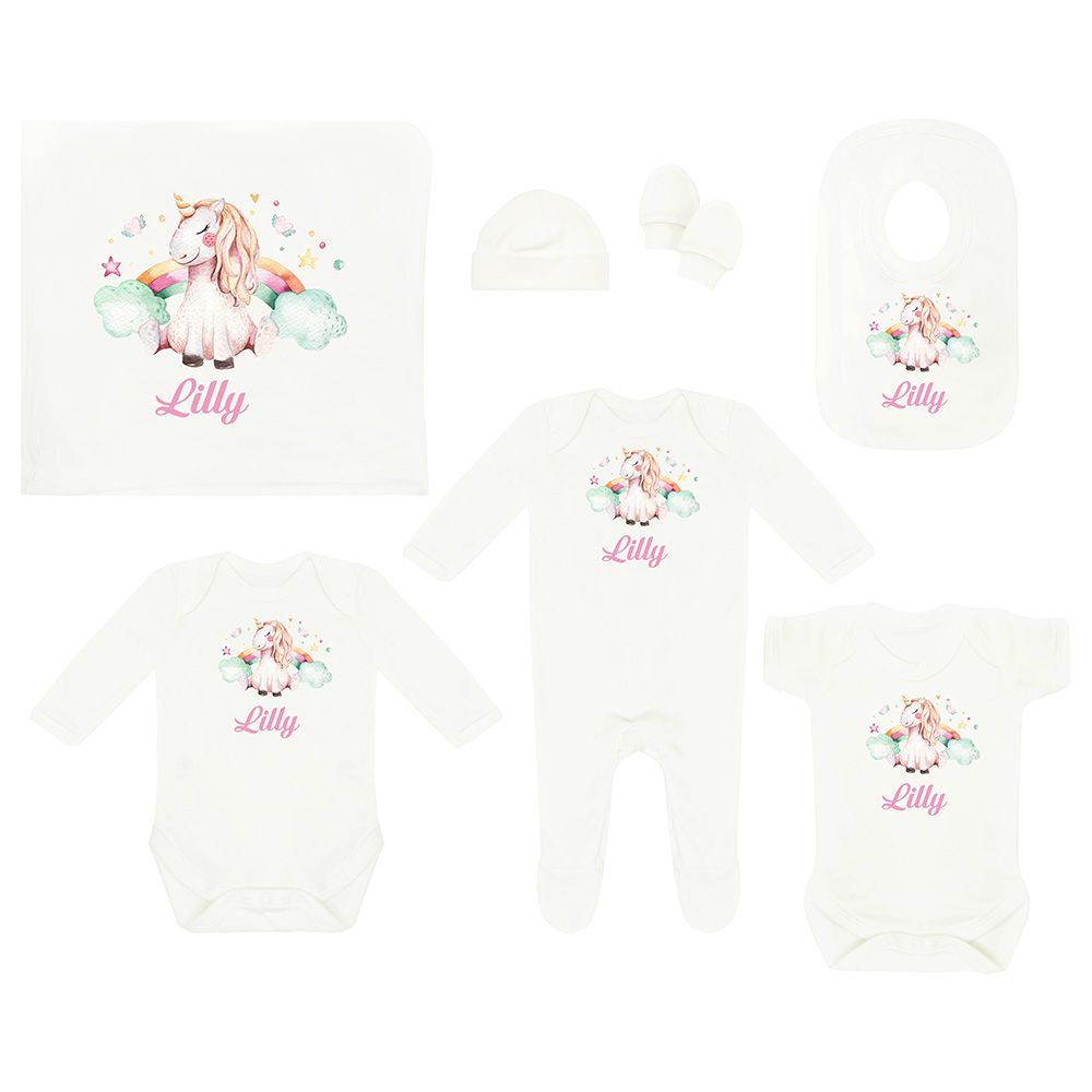 Mini Plum - Unicorn Personalised Newborn Baby Set 7 Pieces