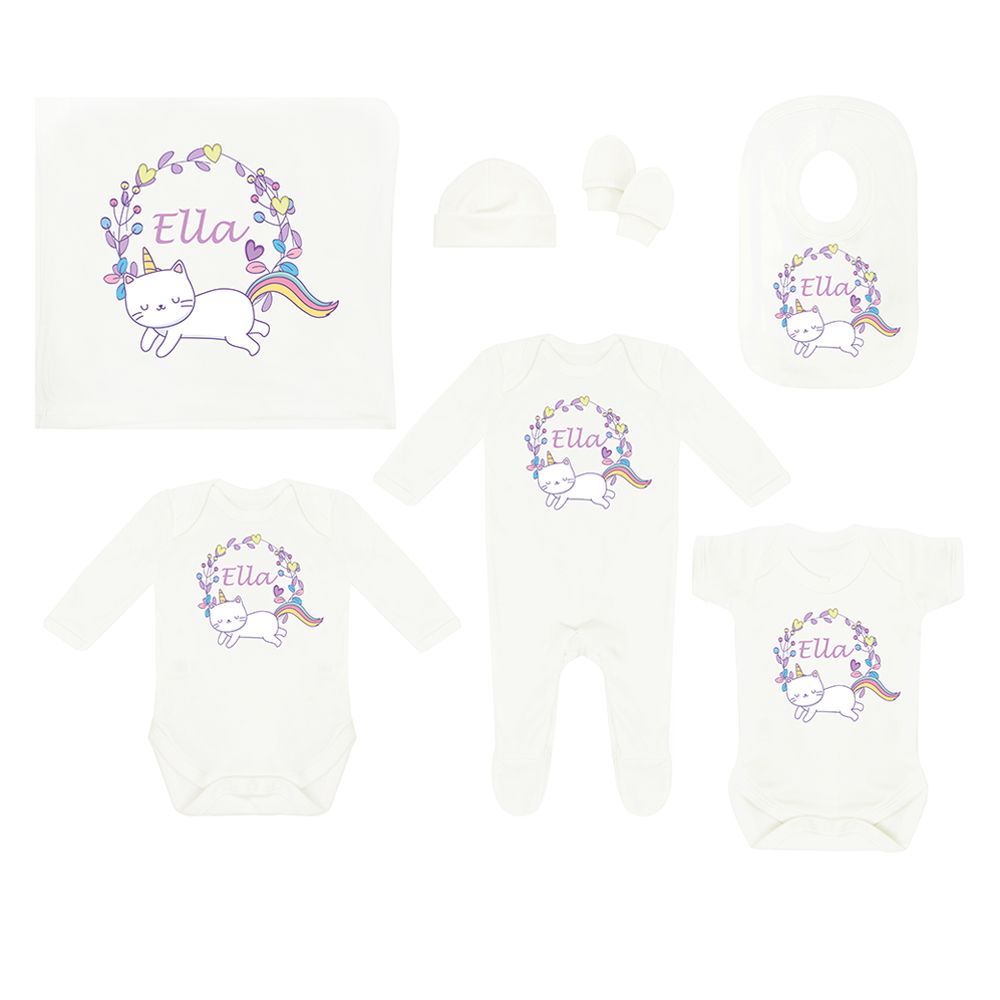 Mini Plum - Personalized Unicorn Kitty 7pc-Set - White