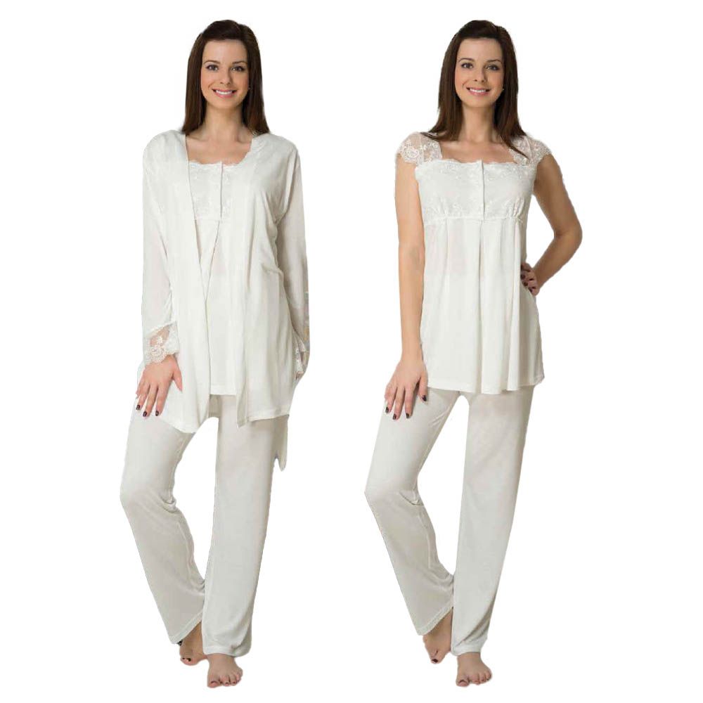 Mini Plum - 3pc-set - Lace Maternity Pajama Set - White