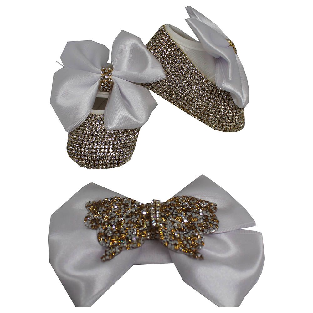 Mini Plum - Bling Shoes And Headband Set - Gold