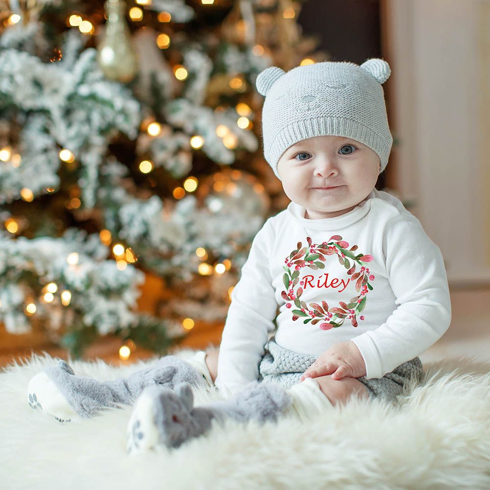 Mini Plum - Personalised Christmas Wreath Bodysuit