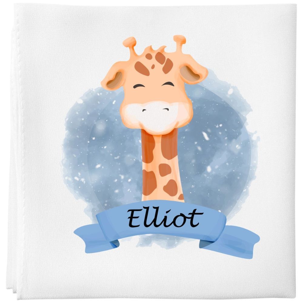 Mini Plum - Personalised Blue Giraffe Baby Blanket - White