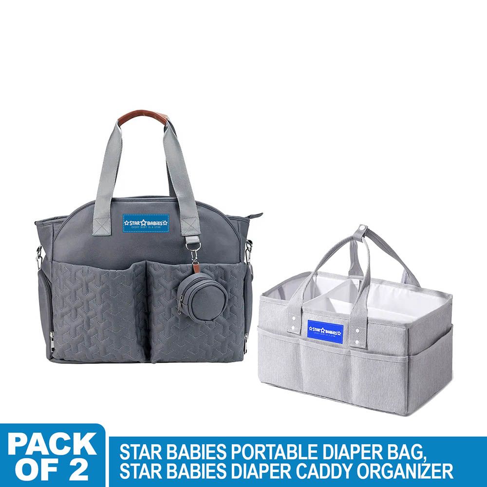 Star Babies - Diaper Portable Bag With Pacifier Bag - L With Portable Diaper Caddy Organizer - Dark Grey