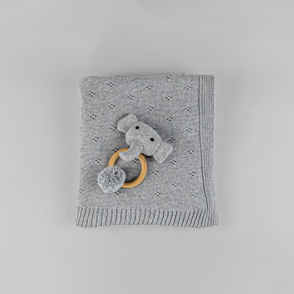 Bumble & Bird - Cozy Cocoon Knitted Blanket With Rattle - Grey