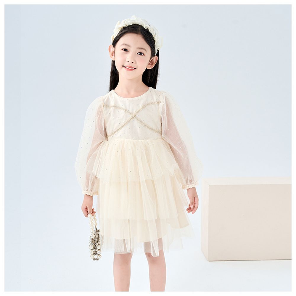 Sugar Rush - Round Neck Full Sleeves Party Dress - Champagne