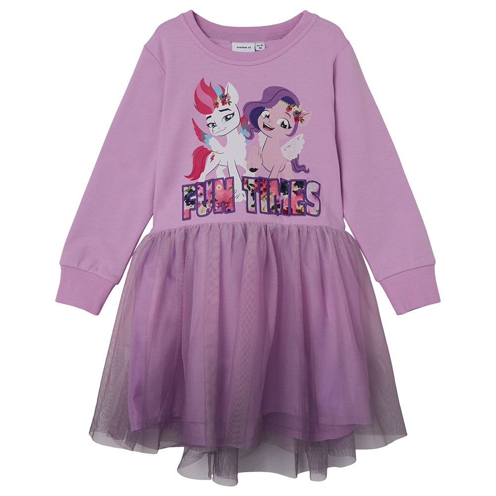 Name It - Long Sleeves Tulle Sweat Dress - Violet Tulle