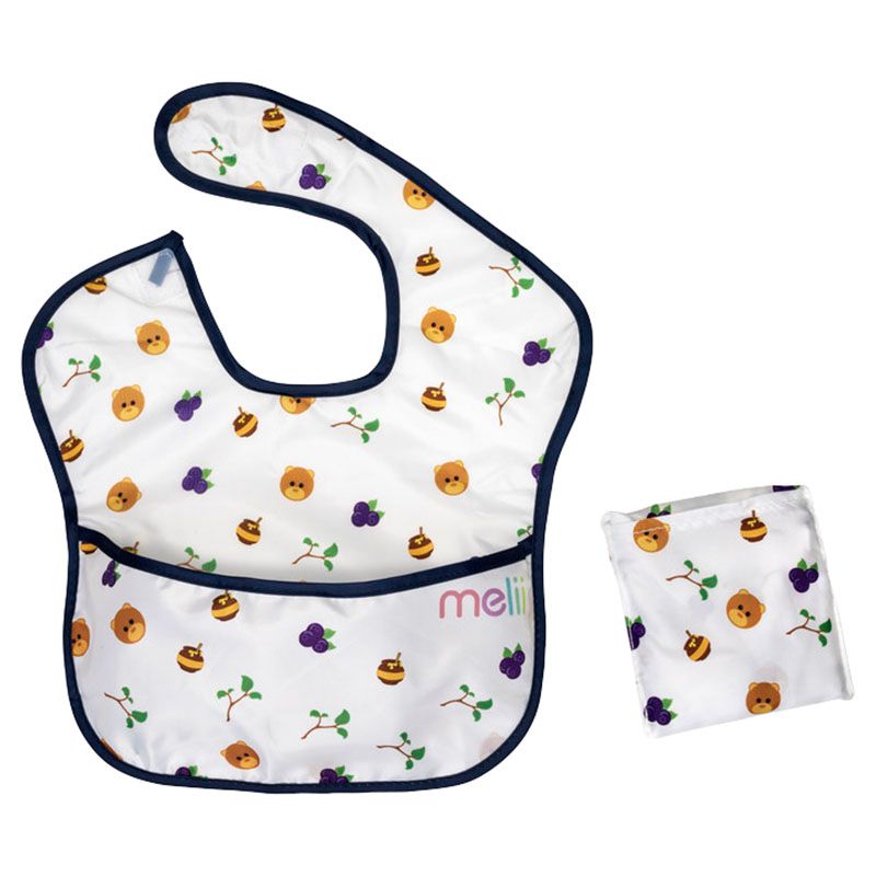 Melii - Fold Up Bib - White & Navy Bear - 2pcs