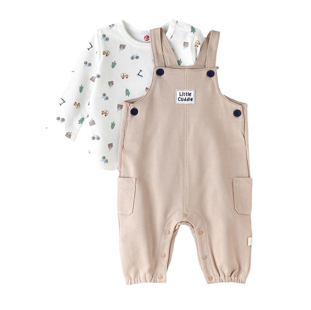 Elegant Kids - Baby Boy Beige 'Little Cuddle' Overalls And Printed Long-Sleeve Set