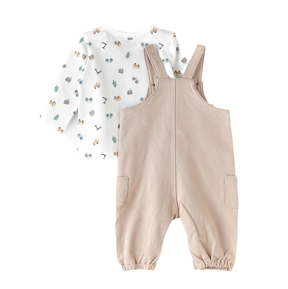 Elegant Kids - Baby Boy Beige 'Little Cuddle' Overalls And Printed Long-Sleeve Set