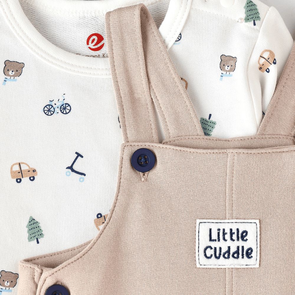 Elegant Kids - Baby Boy Beige 'Little Cuddle' Overalls And Printed Long-Sleeve Set