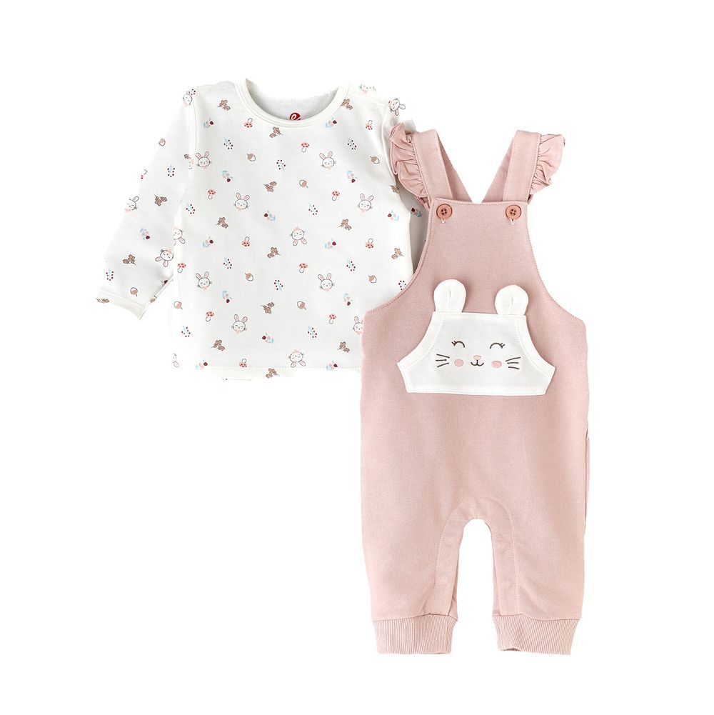 Elegant Kids - Baby Girl Pink Overalls And Printed Long-Sleeve Shirt Set