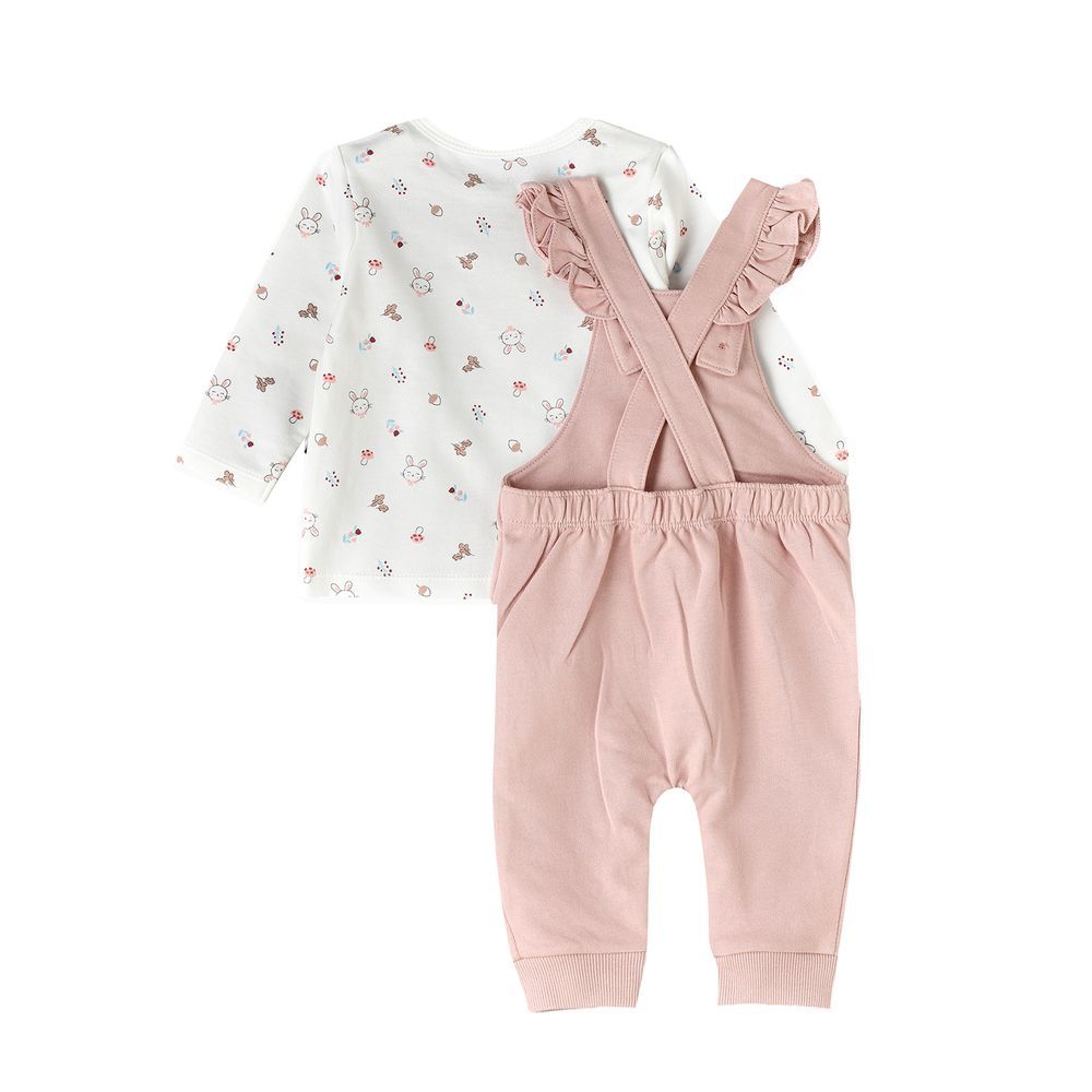 Elegant Kids - Baby Girl Pink Overalls And Printed Long-Sleeve Shirt Set