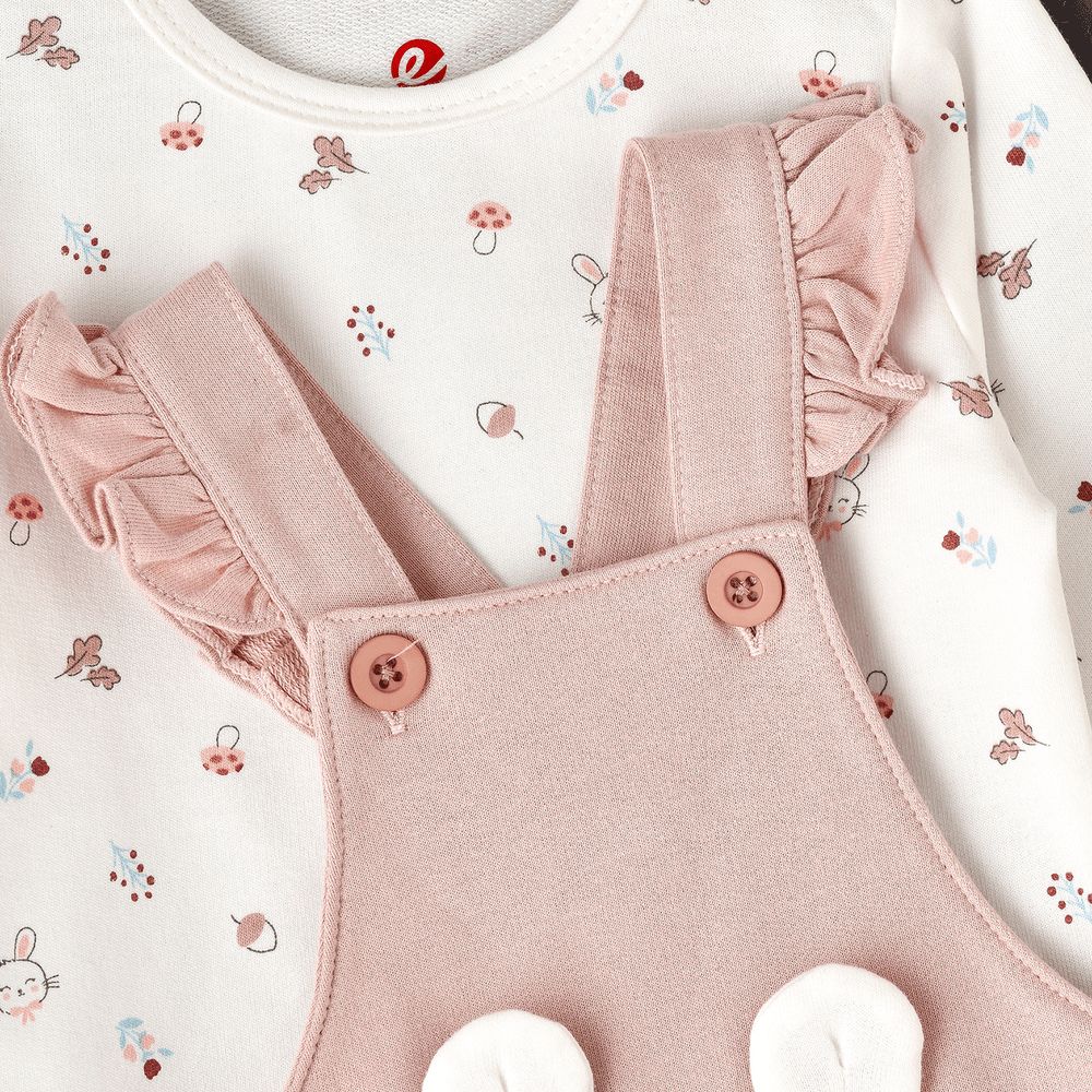 Elegant Kids - Baby Girl Pink Overalls And Printed Long-Sleeve Shirt Set